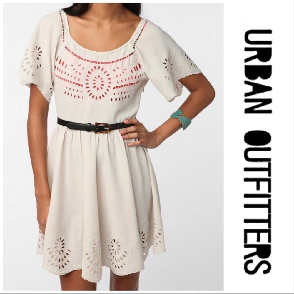 UO Staring at Stars crepe cut out cream dress